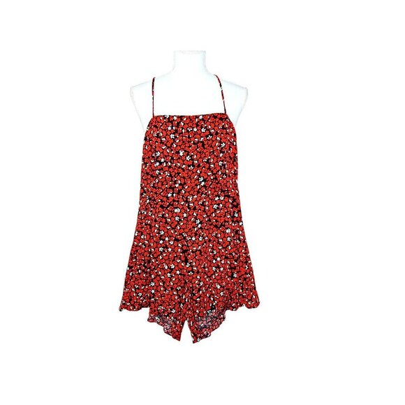 Lush Womens Black Red Floral Lined Square Neck One Piece Romper Size Medium Flaw - Picture 1 of 12